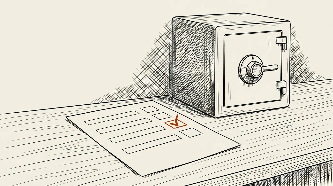Spec sheet with a checkmark in front of a closed safe
