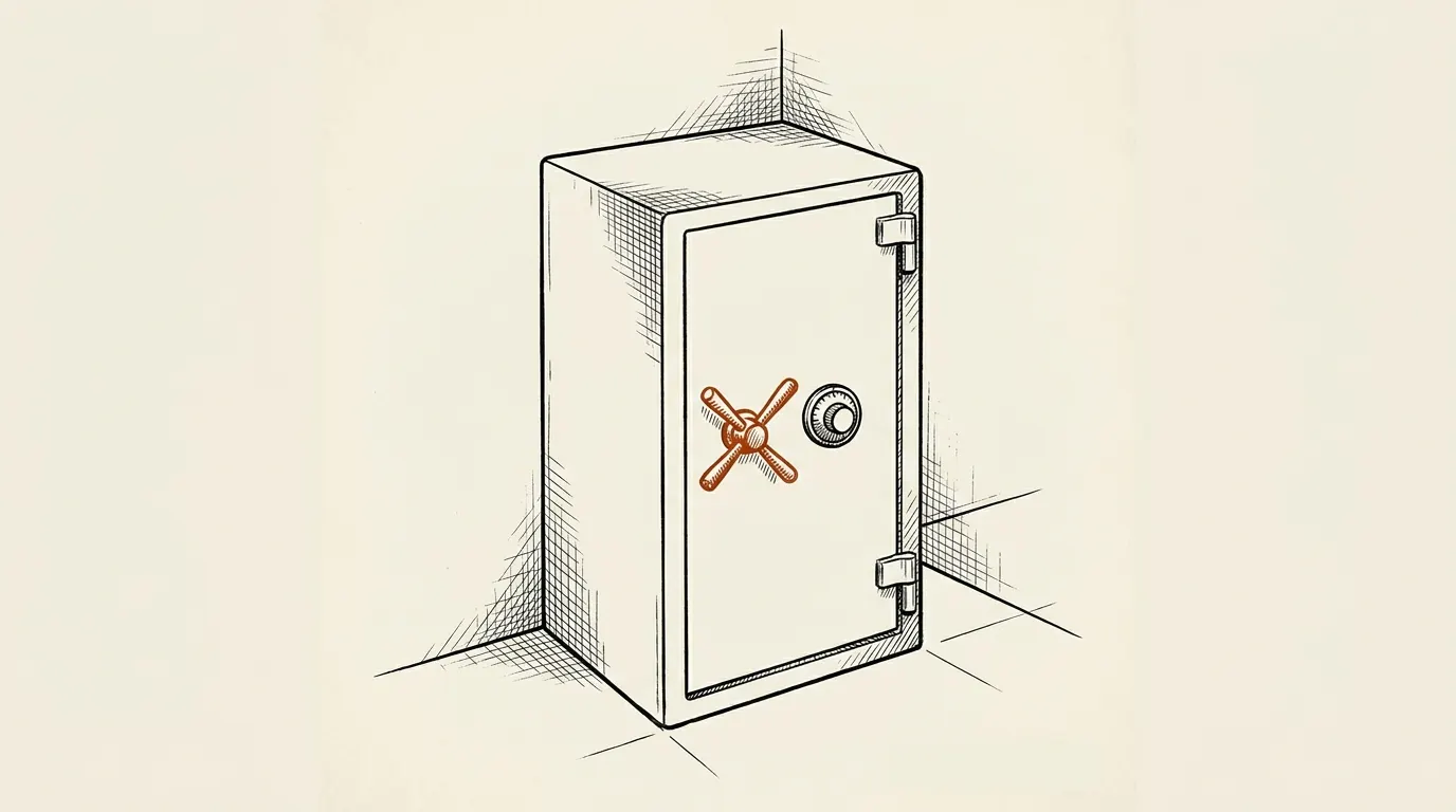 Illustration of a tall closed gun safe with a spoked handle and a dial