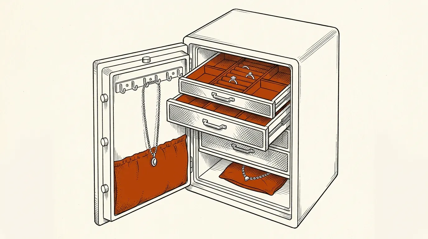 Open jewelry safe with velvet-lined drawers, ring rolls and necklace hooks on the door