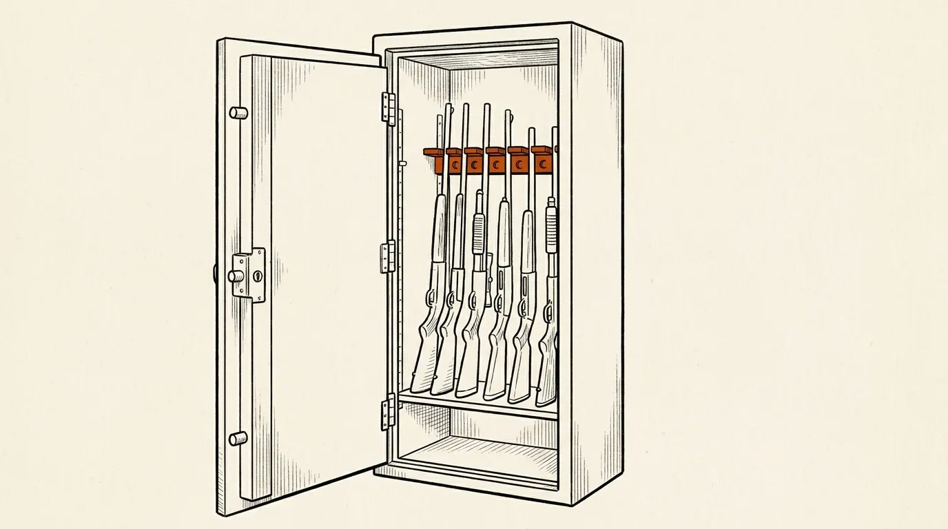 Illustration of a tall gun safe with its door open and rifles and shotguns stored upright in a barrel rack