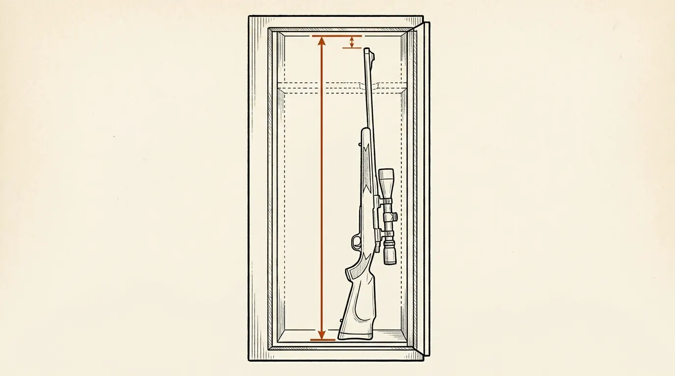 Cutaway of a tall gun safe with a scoped rifle stored upright and a measuring line showing interior height clearance