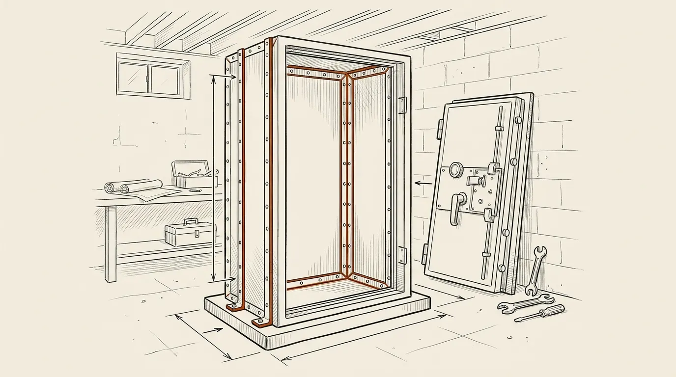 Illustration of a modular gun safe partly assembled in a basement, its door and a panel leaning against the wall