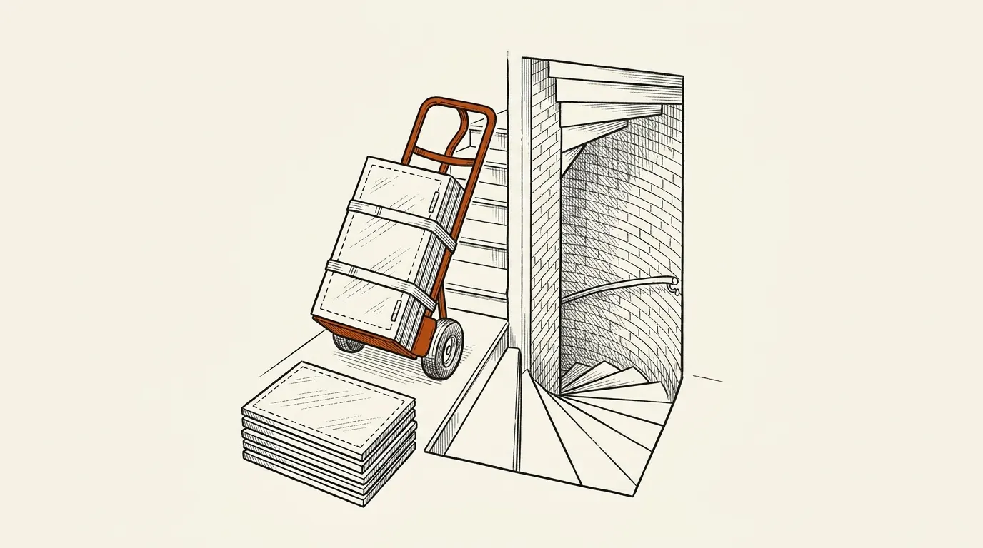 A single steel safe panel on a hand truck at the top of a narrow basement staircase, other panels stacked nearby