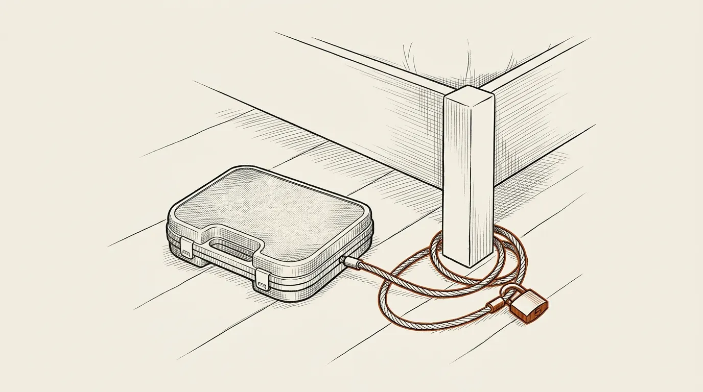 Closed portable handgun case on a floor with its steel cable looped around a bed frame leg