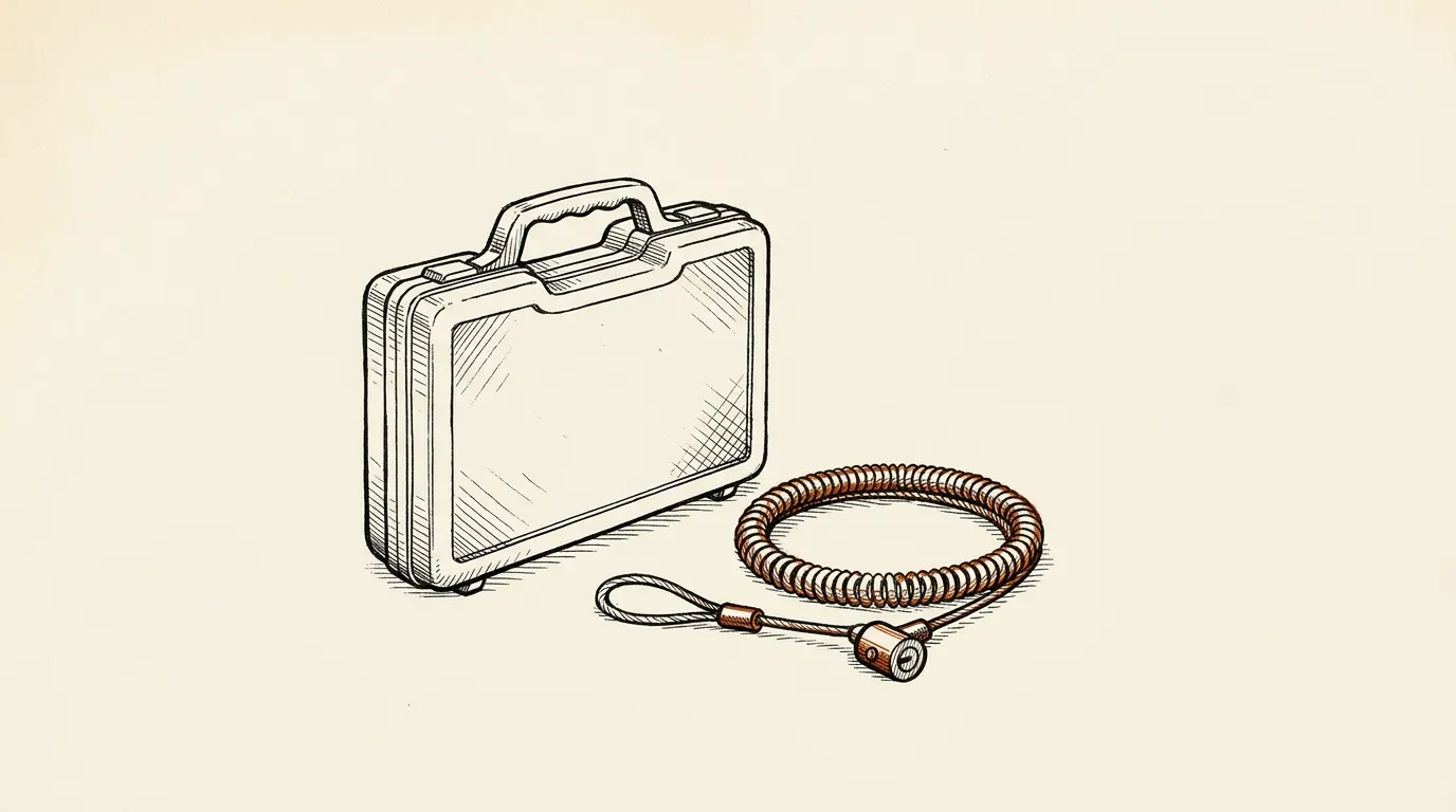 Illustration of a small portable handgun case with a carry handle and a coiled steel security cable